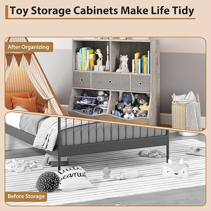IDEALHOUSE 7-Cubby Large Kids Toy Storage Organizer, Children Wood Bookcase and - Image 5