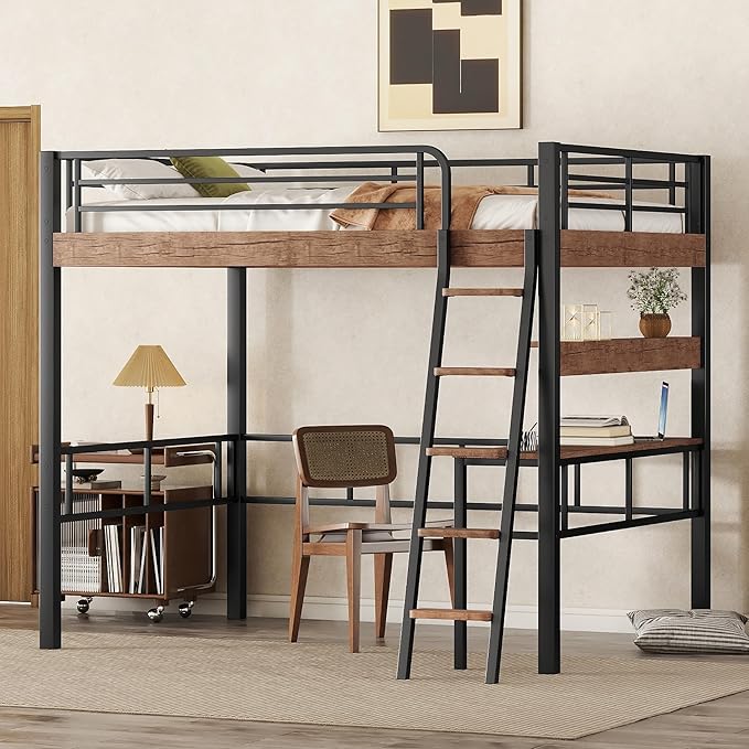 Metal Full Size Loft Bed with Built-in Desk, Storage Shelf and Ladder, by Favfurish