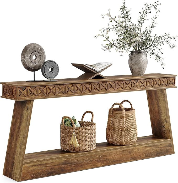 LITTLE TREE 70.87" Long Farmhouse Console Table, 2-Tier Shelf Narrow Accent - Image 7