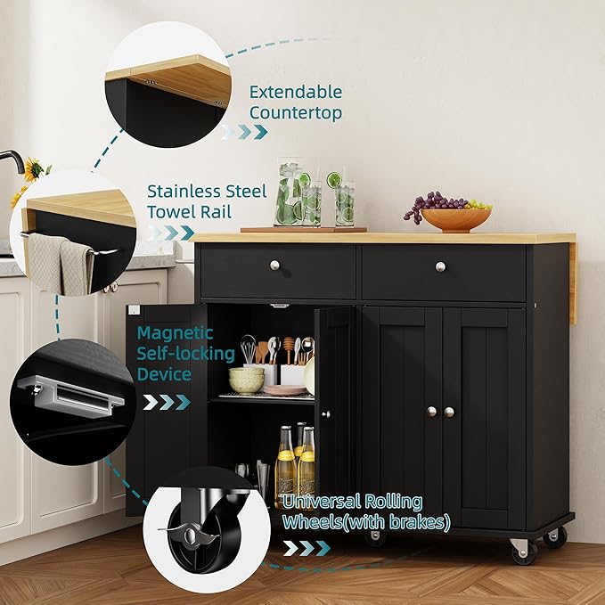 Shintenchi Kitchen Island with Drop Leaf, Rolling Kitchen Cart with Storage on - Image 4