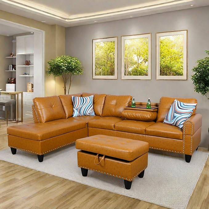 L Shaped Sectional Sofa with Ottoman, Nail-Head Design Leather Right Facing by GlasFlength
