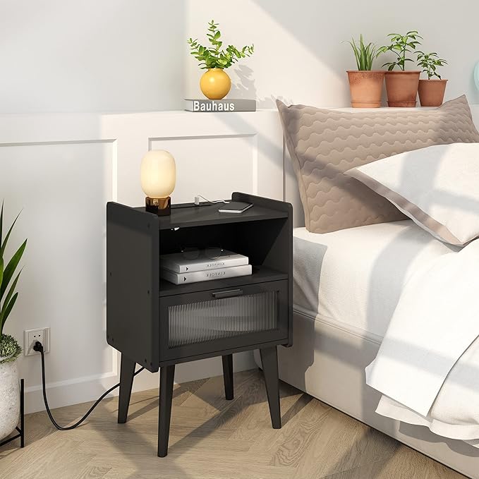 Nightstand with Charging Station, Bedside Tables, End Table Side Table with 2 - Image 5