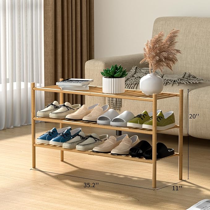 3-Tier Bamboo Long Shoe Rack, Free Standing Wood Shoe Shelf Storage Organizer - Image 3