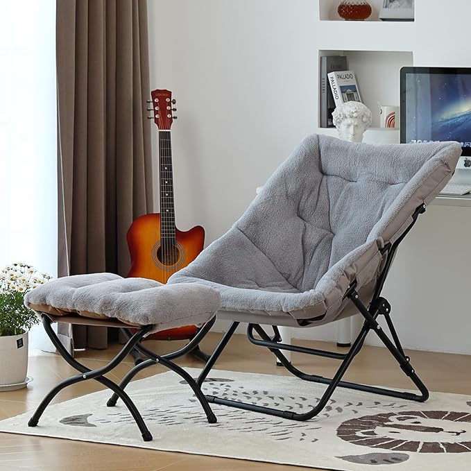 Comfy Folded Chair with Ottoman, Oversized Folding Faux Fur Chair Soft Furry - Image 7
