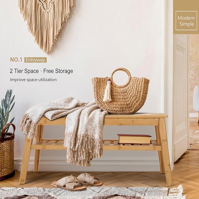 Nnewvante 33.46" Bamboo Entryway Bench, 2 Tier Indoor Storage Bench, Wood Bench - Image 4