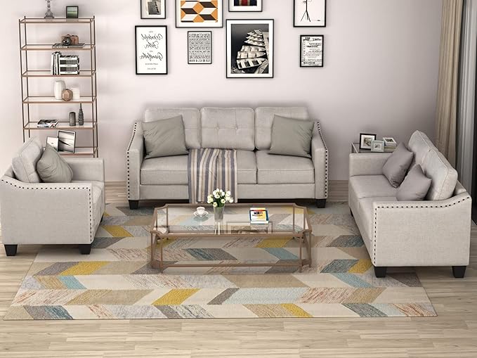 3 Pieses Living Room Sofa Sets Linen Blend Button Tufted Retro Sofa&Couch - Image 3