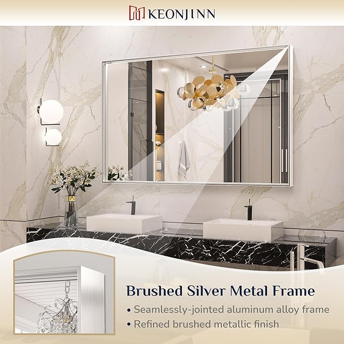 Keonjinn Silver Bathroom Mirror 55 x 36 Inch Large Rectangle Wall Mirror - Image 6