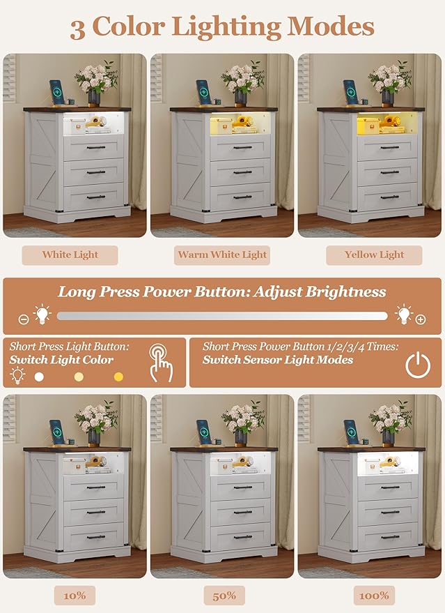 Night Stand with Charging Station 22" Large Farmhouse Nightstands with 3 - Image 4