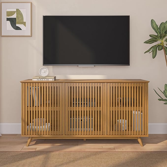 Plank+Beam Mid-Century Modern Wood TV Stand, Three Door Solid Wood - Image 3