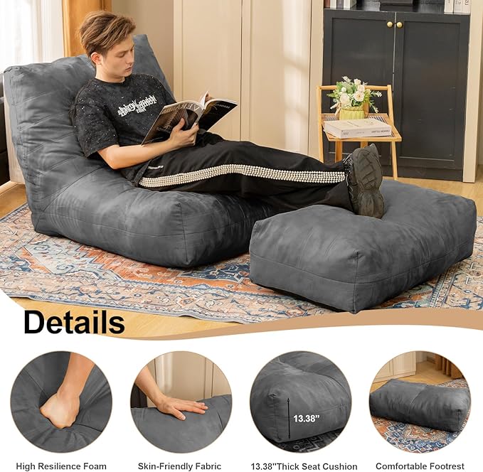Bean Bag Chair with Ottoman, Comfy Bean Bag Sofa with Memory Foam, Lazy BeanBag - Image 4