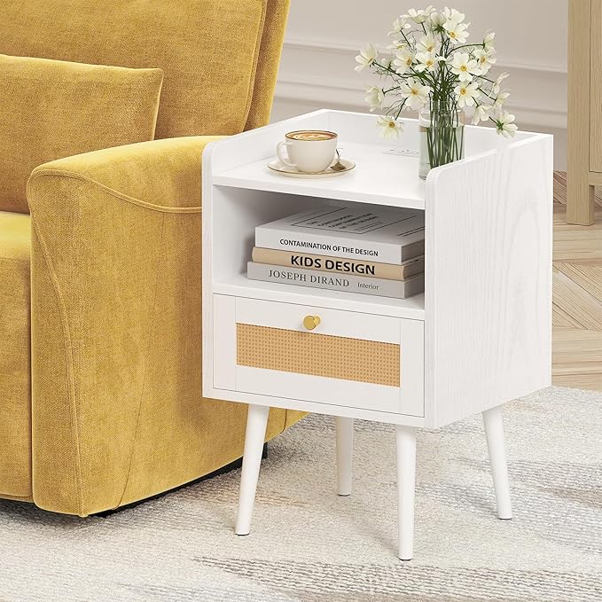 Nightstand Rattan with Charging Station, Mid Century Modern Bed Side Table - Image 8