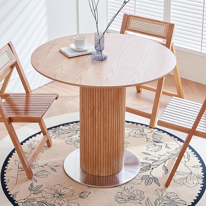 Round Wood Dining Table，Wooden Trestle Pedestal Base on Stainless Steel - Image 2