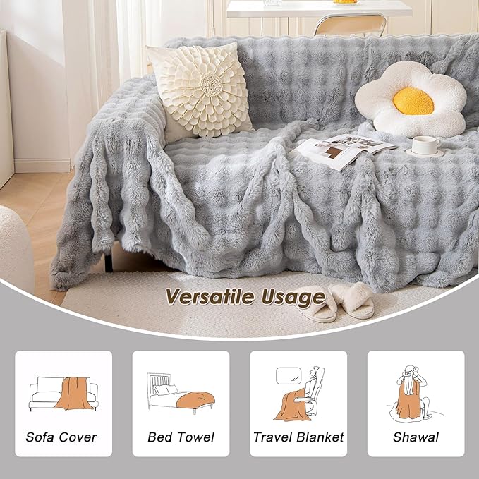 VM VOUGEMARKET Grey Couch Cover 1-Piece Universal Thick Faux Rabbit Fur Sofa - Image 3