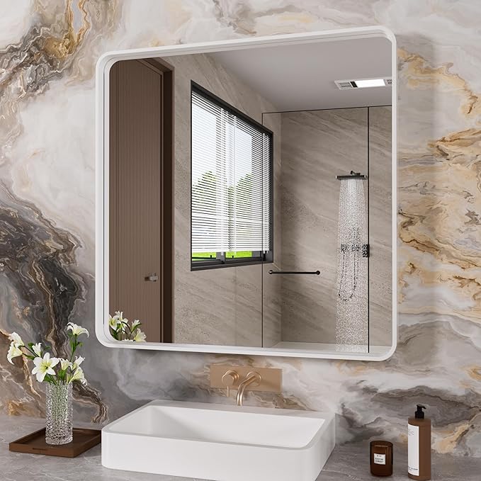 White Bathroom Mirror 36x36 Inch, Rounded Rectangle Matte Bathroom Vanity Mirror by JISOSO