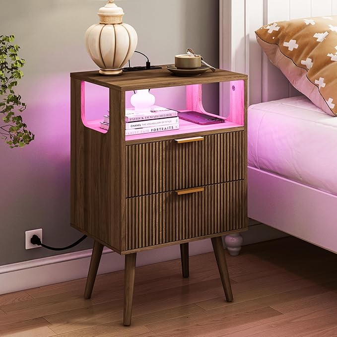 Nightstand with Charging Station and LED Lights, Modern Bedside Table with 2 by JOONEE
