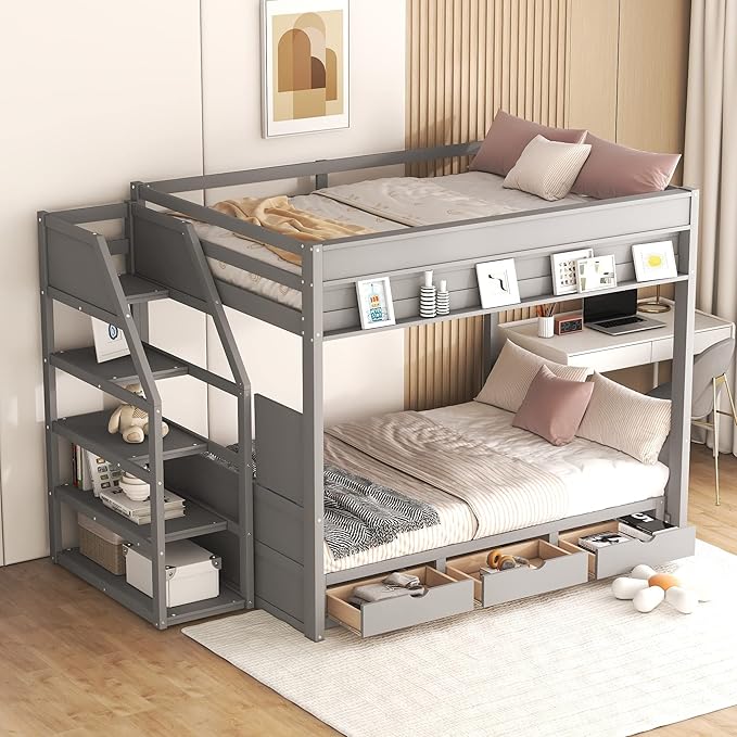Full Size Wood Bunk Bed with Storage Staircase, Bedside Table, and 3 Drawers - Image 8