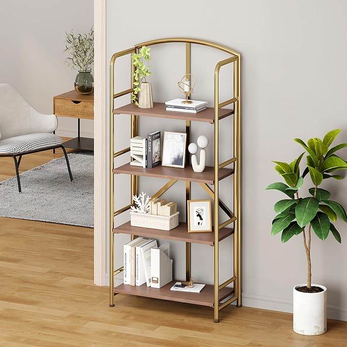 No-Assembly Folding Gold Bookshelf Storage Shelves 4 Tiers Vintage - Image 2