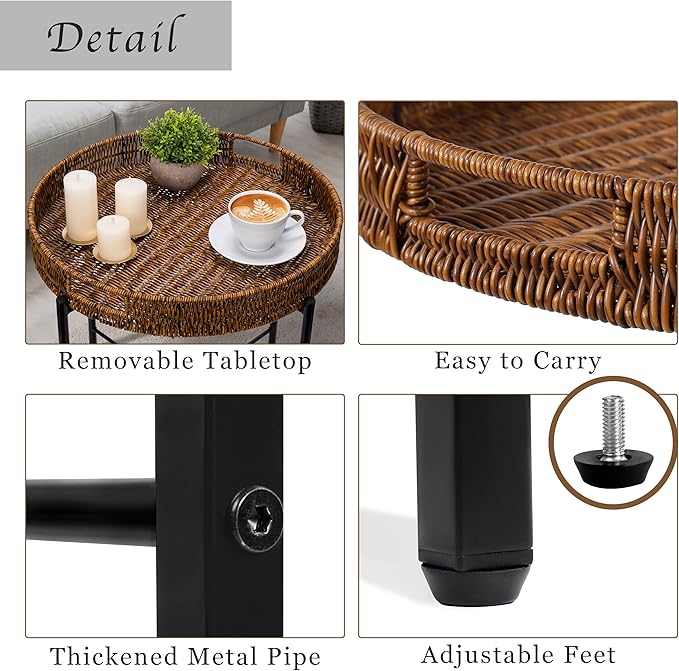 Brown Small Round End Table, 19in Rattan End Tables, Wicker Rattan Side Table - Image 4
