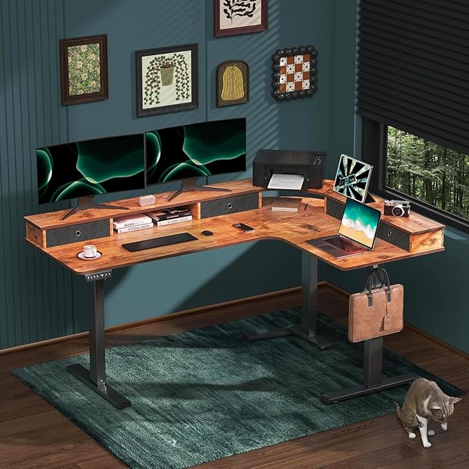 L-Shaped Electric Height Adjustable Desk, 67-inch Reinforced Motor Office Desk by REGISDESK