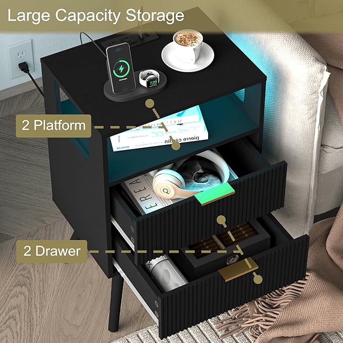 Black Nightstand with Charging Station and LED Lights, Modern Bedside Table - Image 6