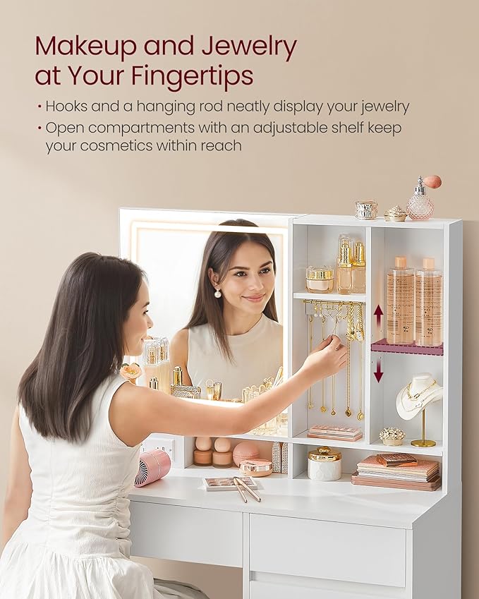 VASAGLE Vanity Desk with Mirror and Lights, Power Outlets, Vanity Table Set - Image 7