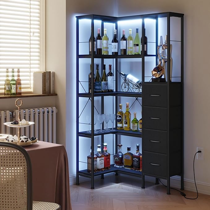 Corner Bookshelf with LED Light Strips & 4 Fabric Drawers, 5-Tier Convertible - Image 7
