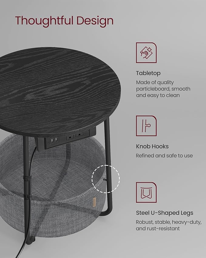 VASAGLE Side Table with Charging Station, Round End Table with Fabric Basket - Image 6
