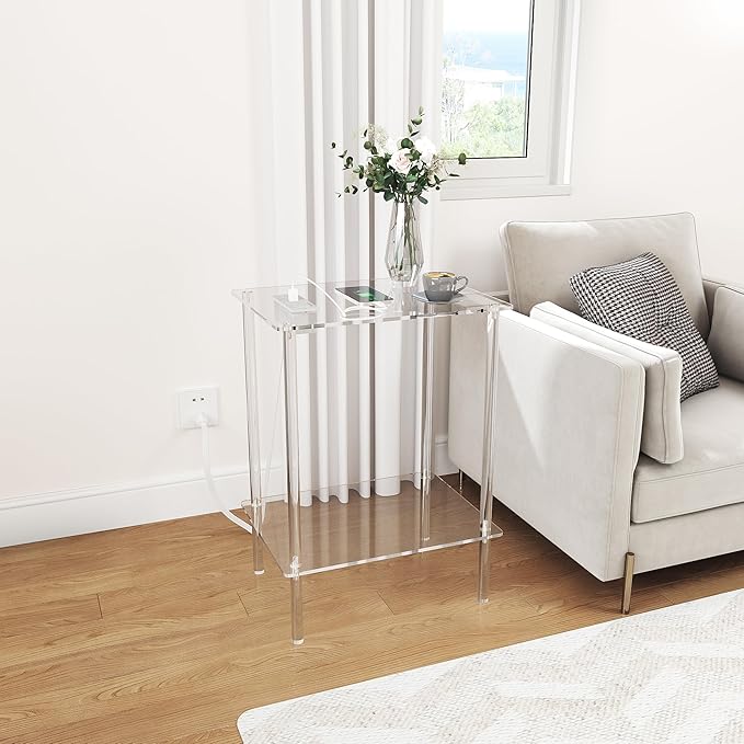Eglaf Acrylic Side Table with Charging Station & USB Ports - Image 2