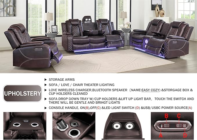 Ball & Cast Power Recliner Sofa Set Leather Reclining Sofa Set Living Room - Image 4