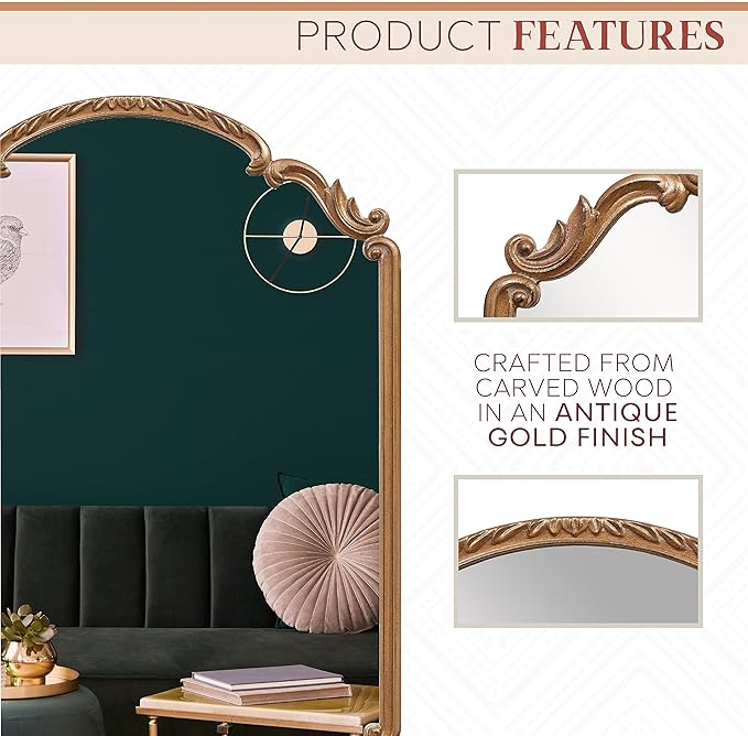 English Estate Carved Arch Wood Wall Mirror, Mirror - Image 4