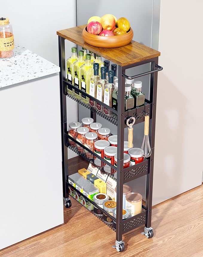 Utility Slim Storage Cart, 4 Tier Small Rolling Kitchen Laundry Room Cart - Image 9