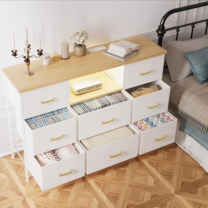 White Dresser with LED Lights and Power Outlets, Dresser TV Stand with 8 Drawers - Image 9