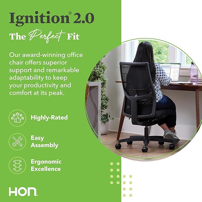 HON Ignition 2.0 Armless Ergonomic Office Chair, Adjustable Tilt, Swivel Wheels - Image 3