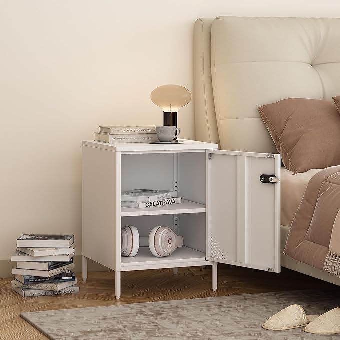 Metal Locker End Table Single Door Nightstand Lockable Bedside Table Storage - Image 2