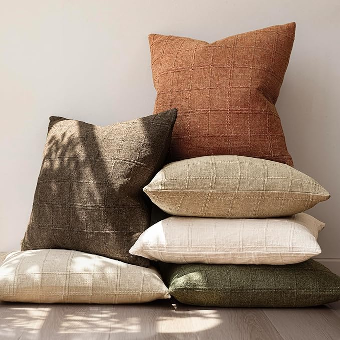 Foindtower Set of 2 Decorative Linen Check Throw Pillow Covers Neutral - Image 7