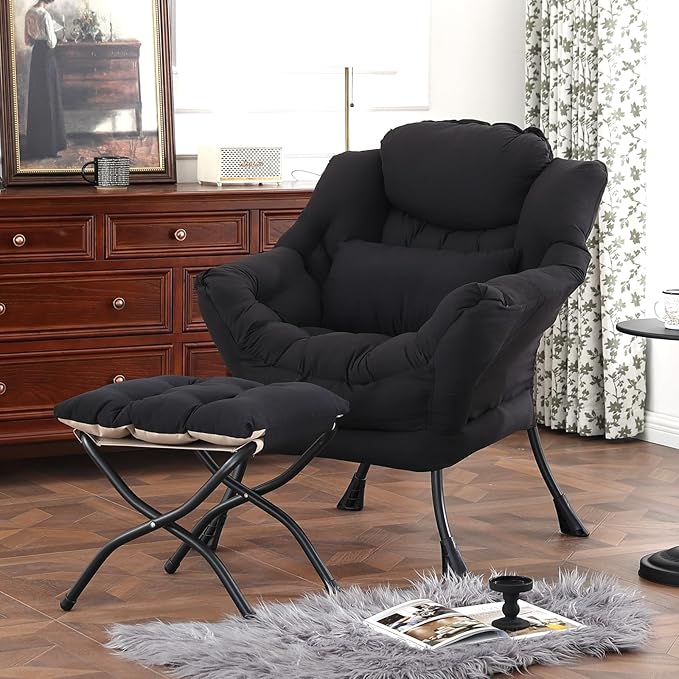 Lazy Chair with Ottoman, Modern Accent Chair with Lumbar Pillow, Comfy Chairs - Image 6