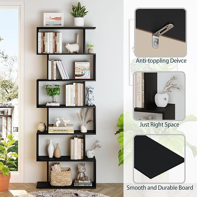 Yusong Bookshelf 6-Tier, Geometric Bookcase S Shaped Book Shelves - Image 6