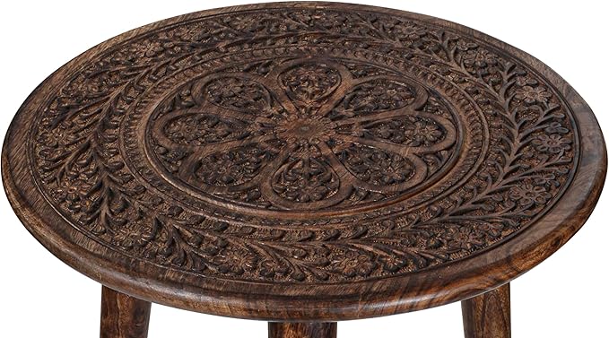 Wooden Table with 3 Legs Pillar, Carving End Tables, Round Coffee Table - Image 5