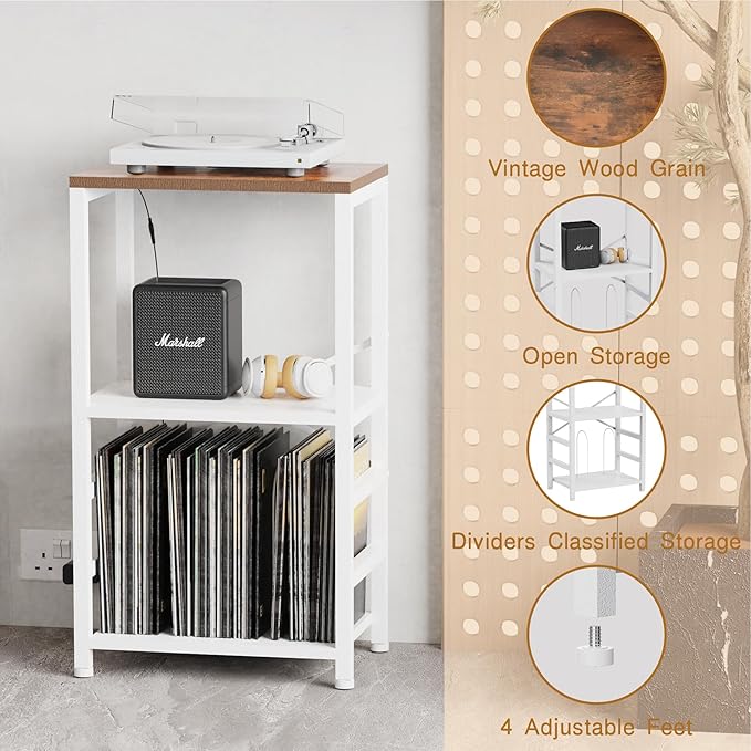 End Table with LED Light, Record Player Stand with Albums Storage, Vinyl - Image 7