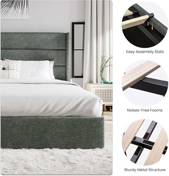 SHA CERLIN King Size Lift Up Storage Bed/Modern Wingback Headboard/Upholstered - Image 7