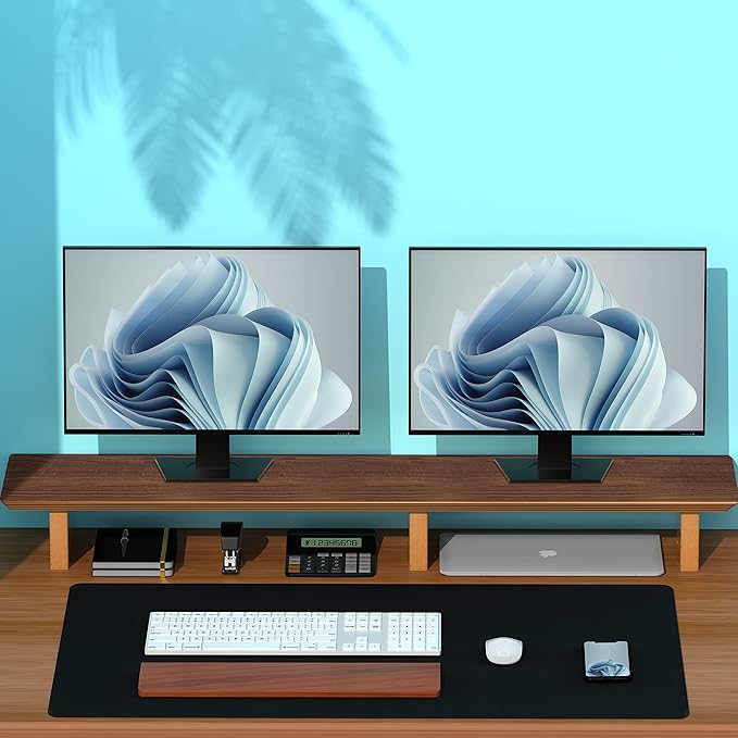 Aothia Large Dual Monitor Stand Riser, Solid Wood Desk Shelf - Image 7