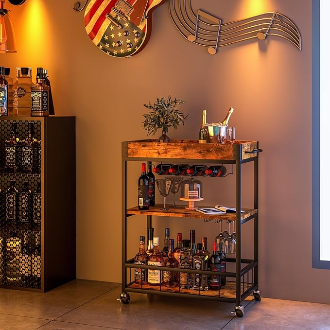 Bar Cart Serving Wine 3 Tier Home Rolling Rack - Image 2