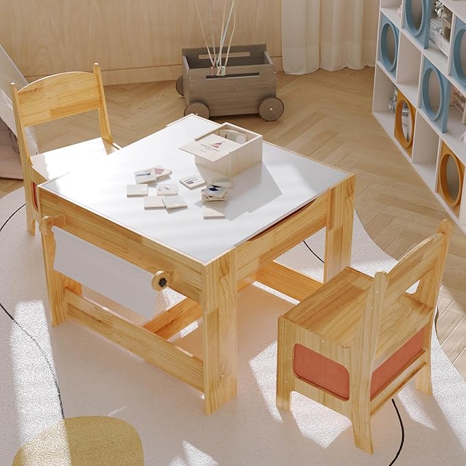 Pinewood Kids Table and Chair Set, 3 in 1 Toddlers Wooden Art Activity Table - Image 3