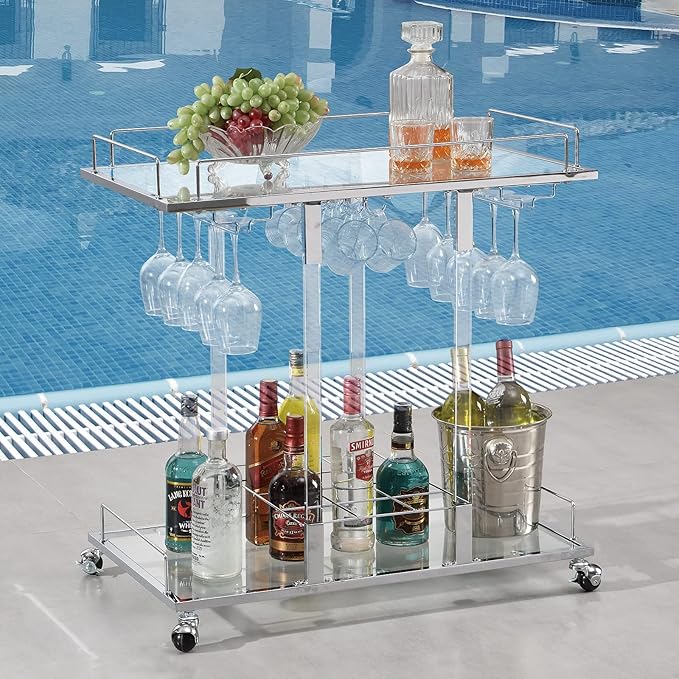Silver Bar Cart for Home Bar Chrome Serving Cart - Image 3