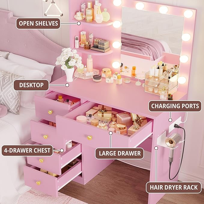 IRONCK Vanity Desk with Mirror and Lights, Small Makeup Vanity Table with 5 - Image 4