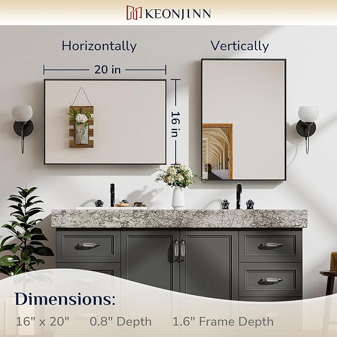 Keonjinn Black Bathroom Mirror for Over Sink 16 x 24 Inch Small Rectangle - Image 7