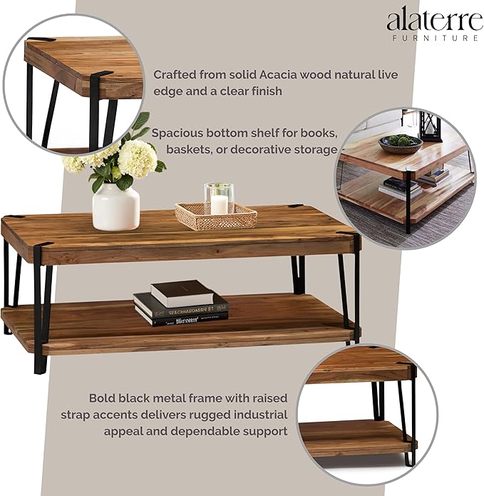Alaterre Furniture Ryegate 48" Live Edge Wood Coffee Table â€“ Solid Acacia - Image 4