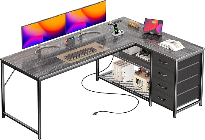 PRAISUN 61" L Shaped Desk with Power Outlets and USB-C Port, Reversible by PRAISUN