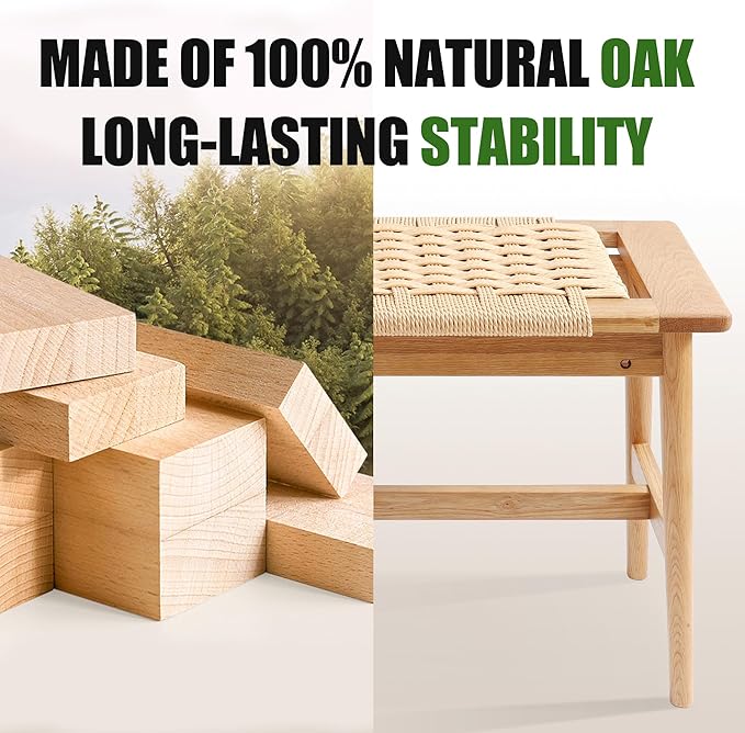 33.5" L Wood Dining Bench Indoor, 100% Natural Solid Oak Bed Bench Hand Woven - Image 5