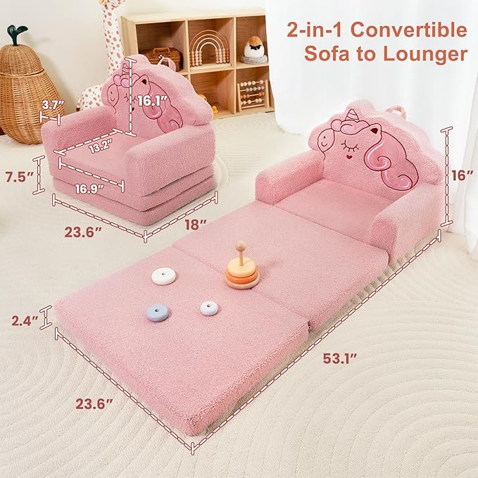 TinyPalsa Kids Couch, Convertible Sofa to Lounger Fold Out, Gift - Image 2